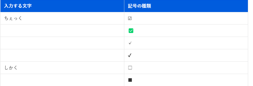 記号で入力したレ点の例