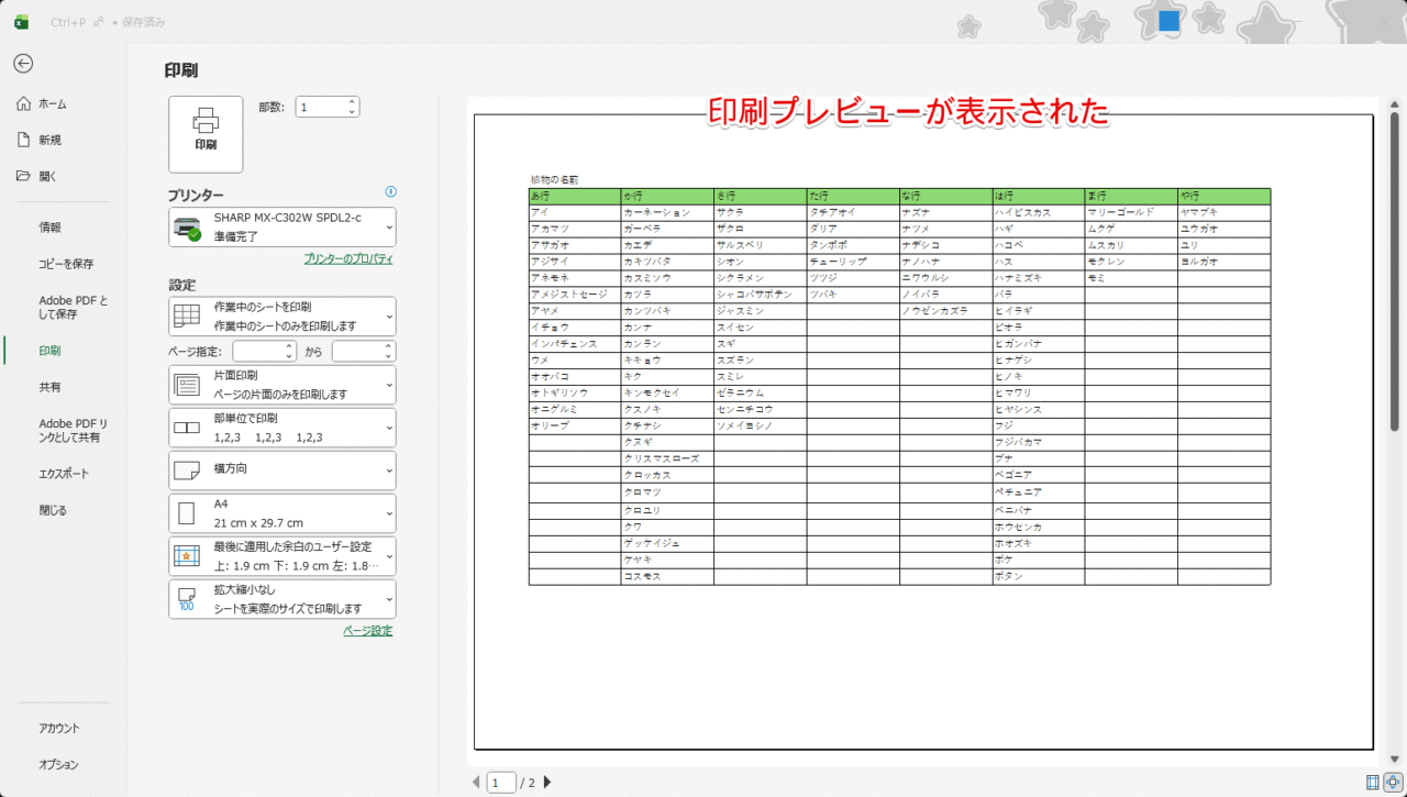 印刷プレビュー画面