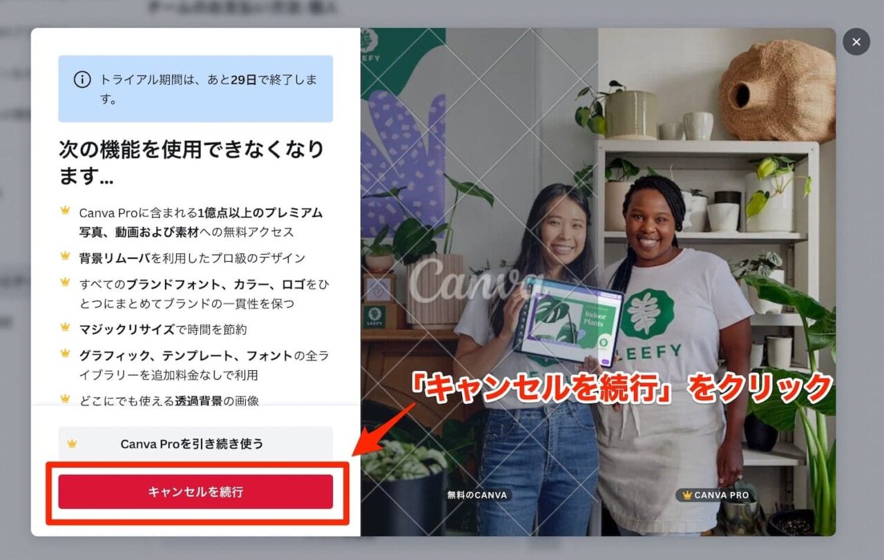 「キャンセルを続行」をクリック