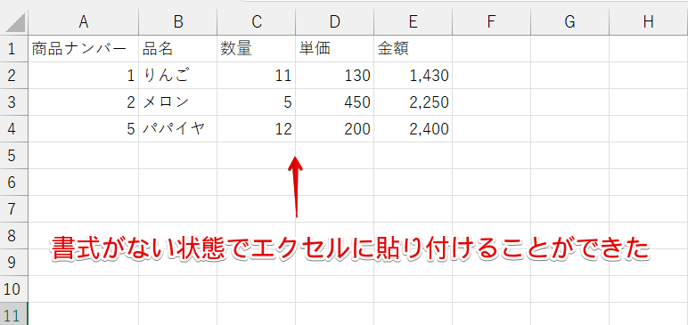 書式がない状態でエクセルに貼り付けされた