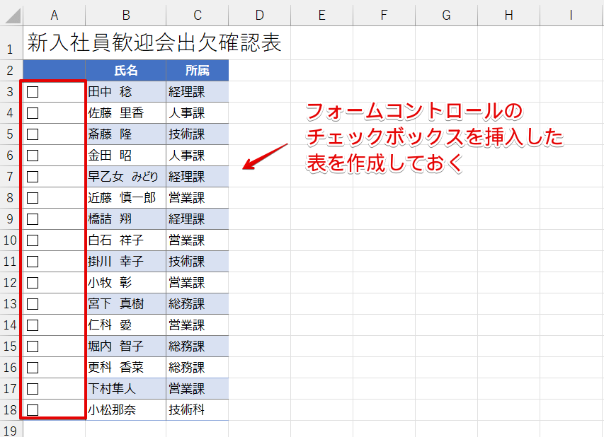 チェックボックスを挿入して表を作成