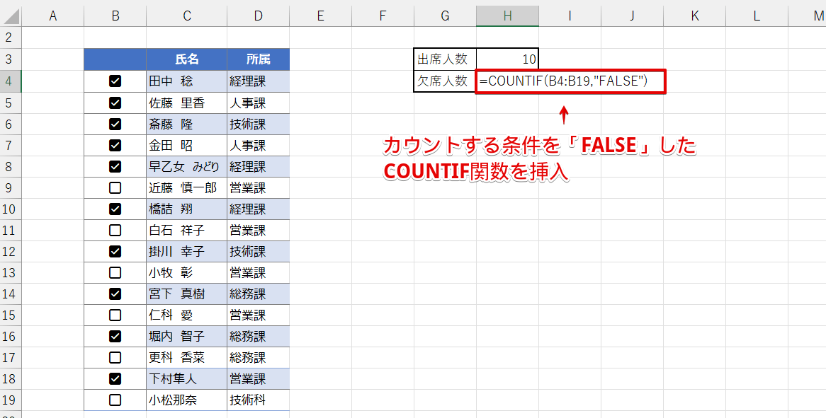「FALSE」を数えるCOUNTIF関数を挿入