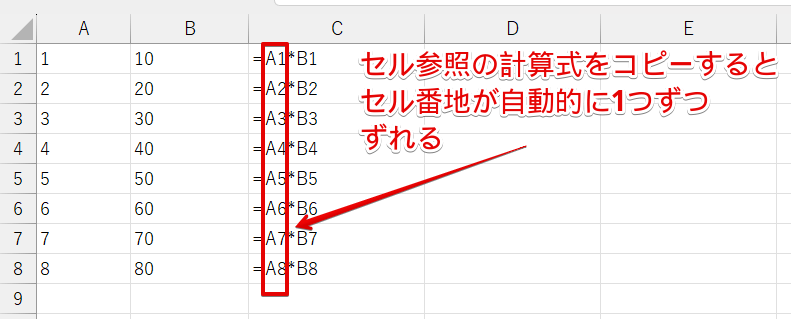 通常のセル参照は、セル番地をずらしてコピーできる