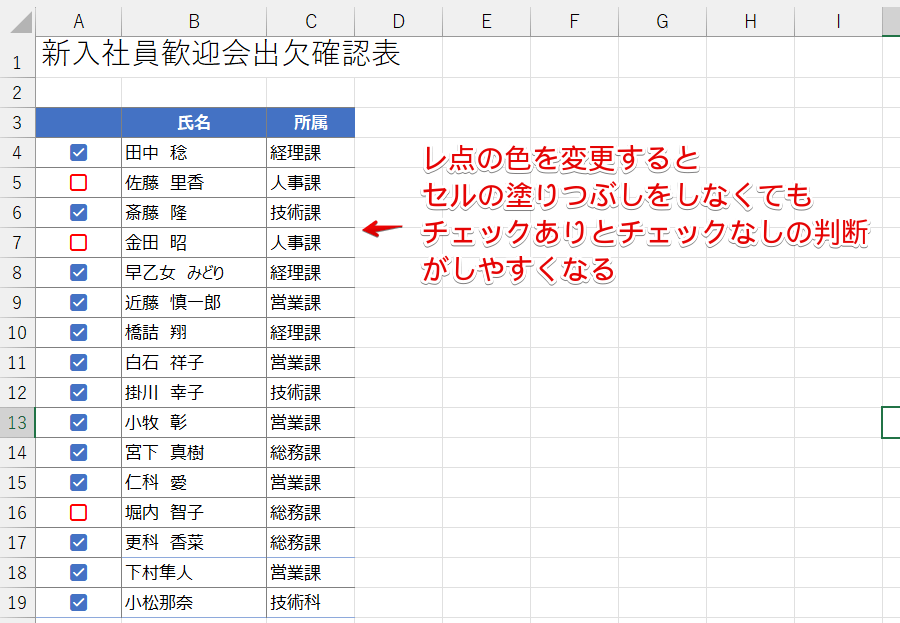 「チェックあり」と「チェックなし」で色を分ける