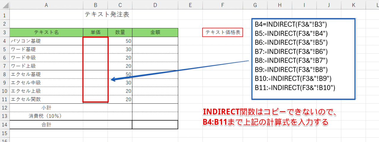 残りのセルにもINDIRECT関数を挿入する