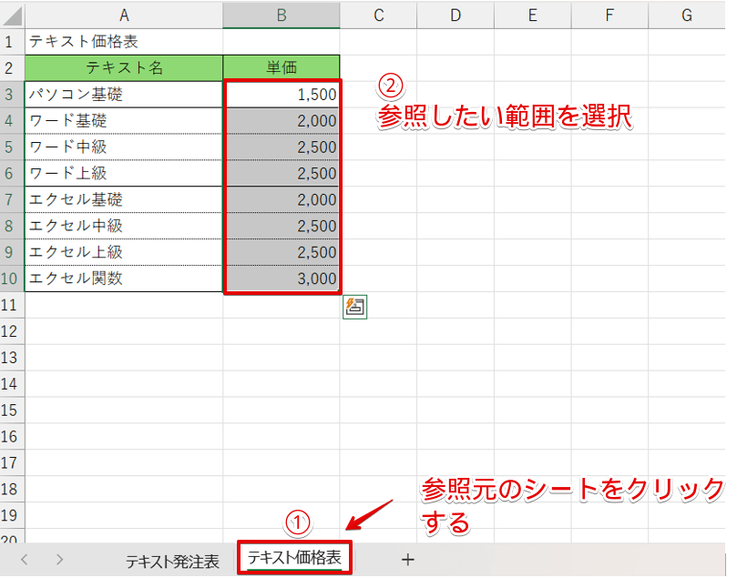 テキスト価格表のシートの単価をコピーする