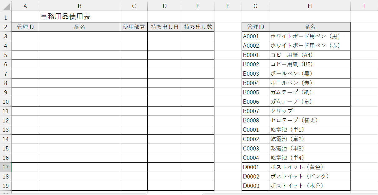 事務用品使用表