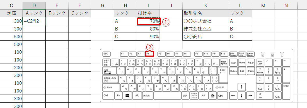 絶対参照で掛け率を入力