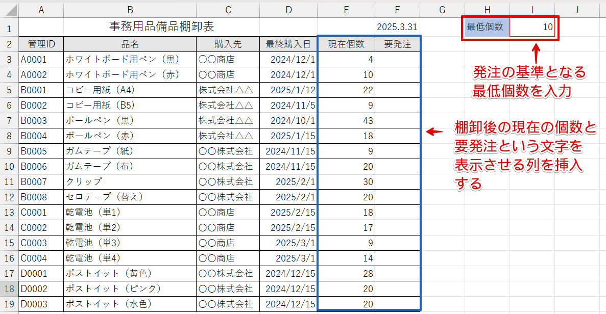 最低個数を入力した棚卸表を作成