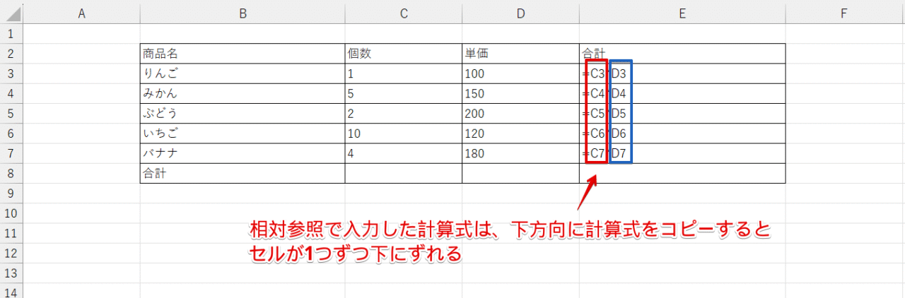 相対参照の計算式は、セル位置が自動でずれる