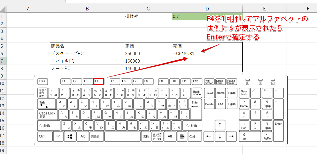 絶対参照になったらEnterで確定