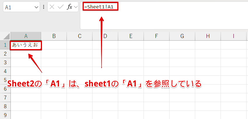 sheet2の「A1」がsheet1の「A1」を参照している
