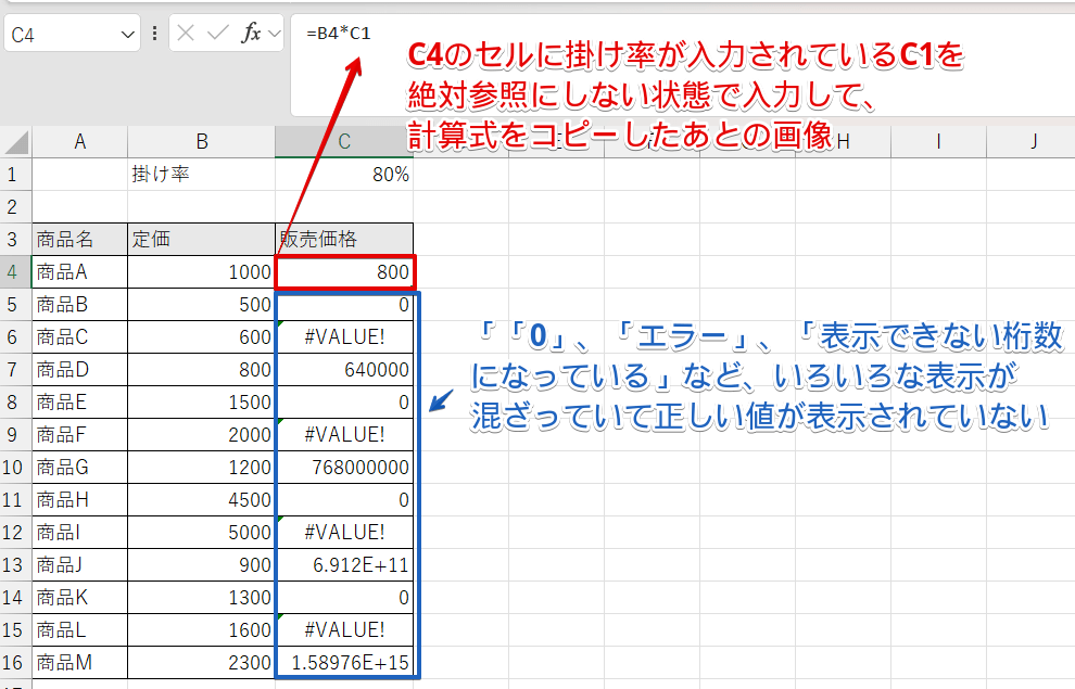 掛け率を相対参照の状態で挿入した計算結果