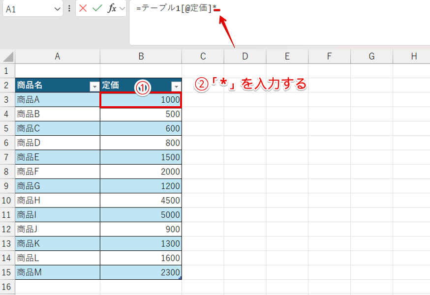 「定価表」のシートの「B3」をクリックする
