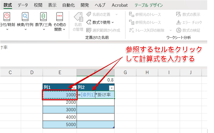 セルをクリックして指定すると列で参照される