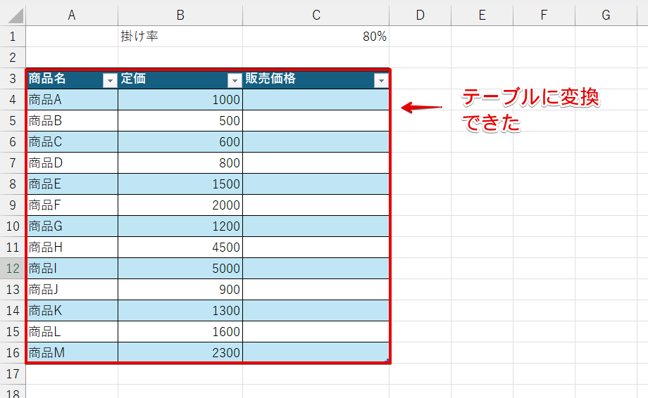 テーブルに変換できた