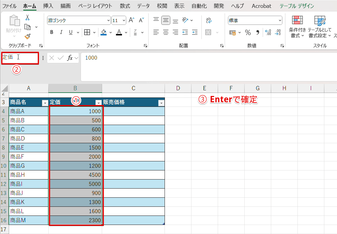 定価の列を選択して「定価」と名前をつける