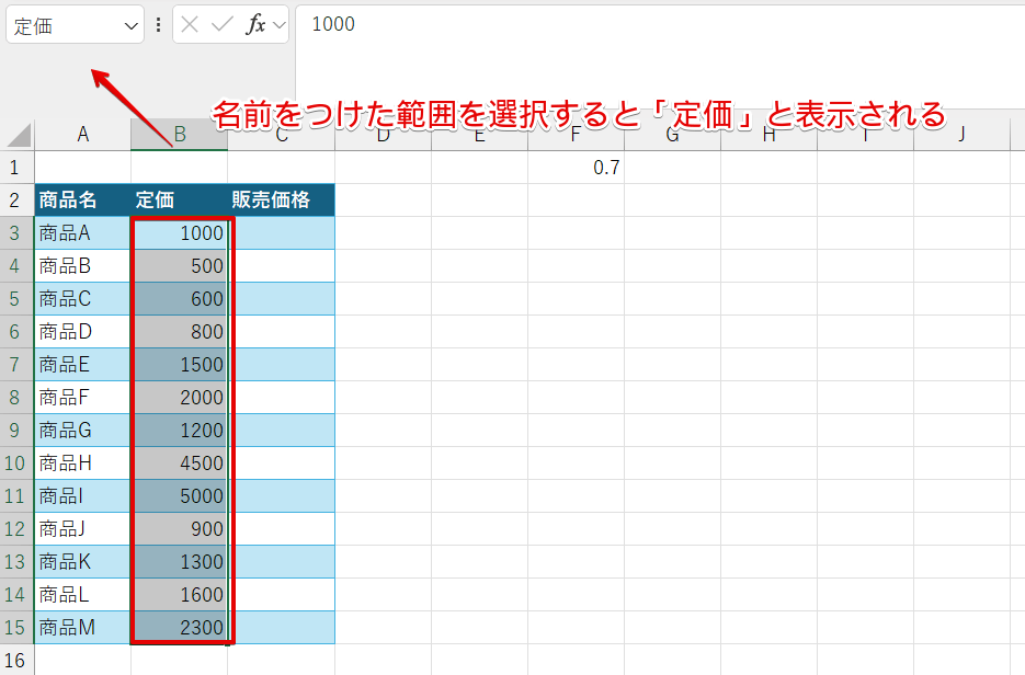 範囲を選択すると定義した名前が表示される