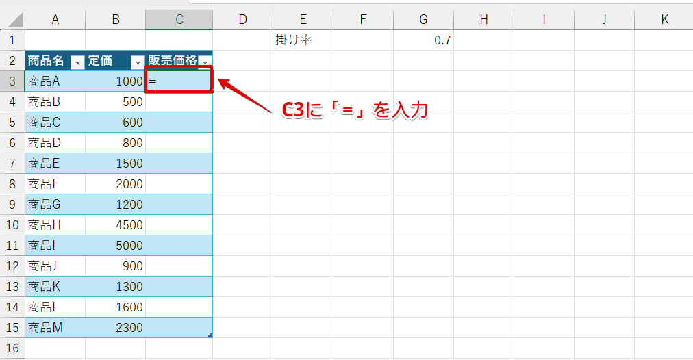 計算式を挿入するセルに「=」を入力