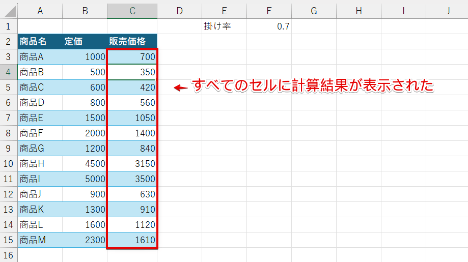 すべてのセルに計算結果が表示された