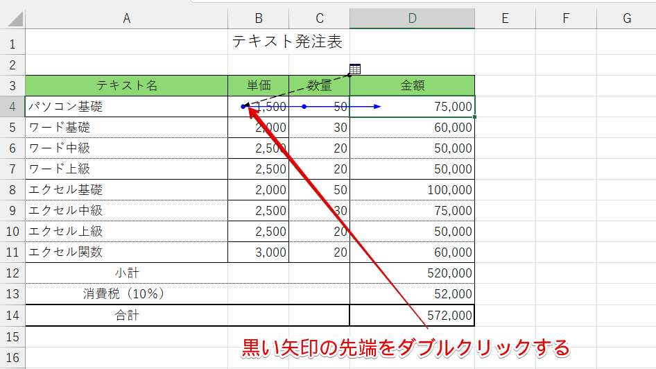 黒い矢印の先端をダブルクリックする