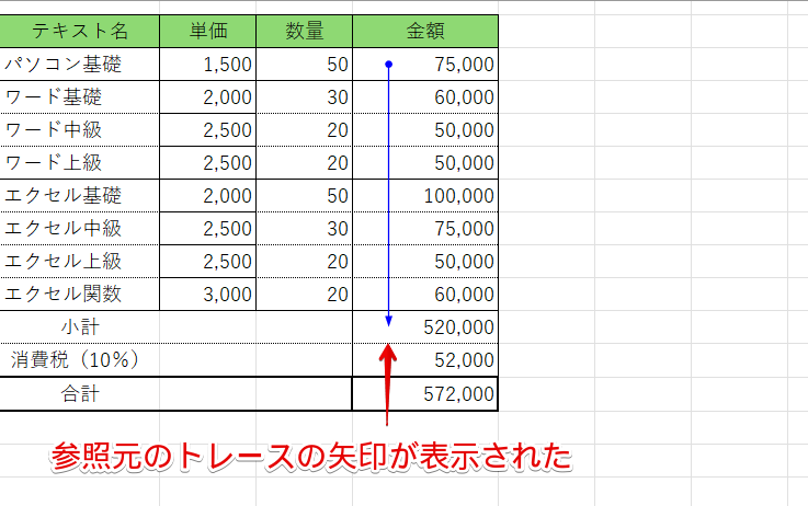 参照元のトレースの矢印が表示された