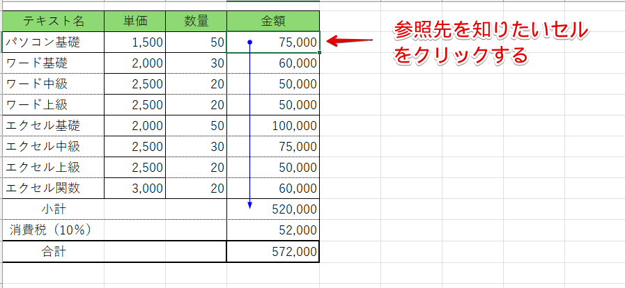 参照先を確認したいセルをクリック