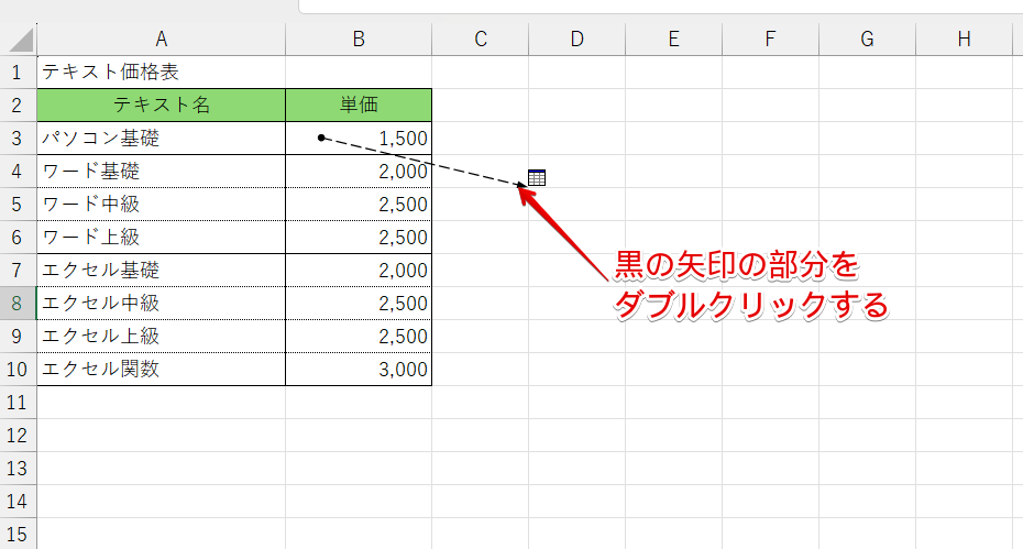 黒い矢印の先端をダブルクリック