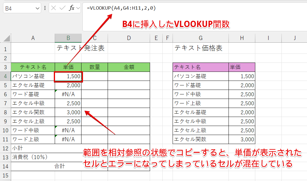 VLOOKUP関数の範囲を相対参照で入力してコピーしたもの