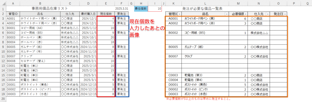 現在の個数を入力したあとの画像