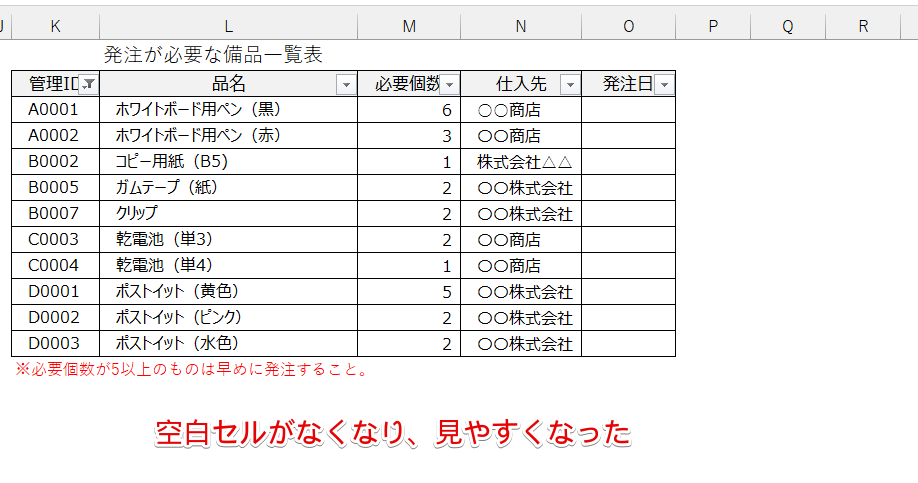 空白セルが非表示になった