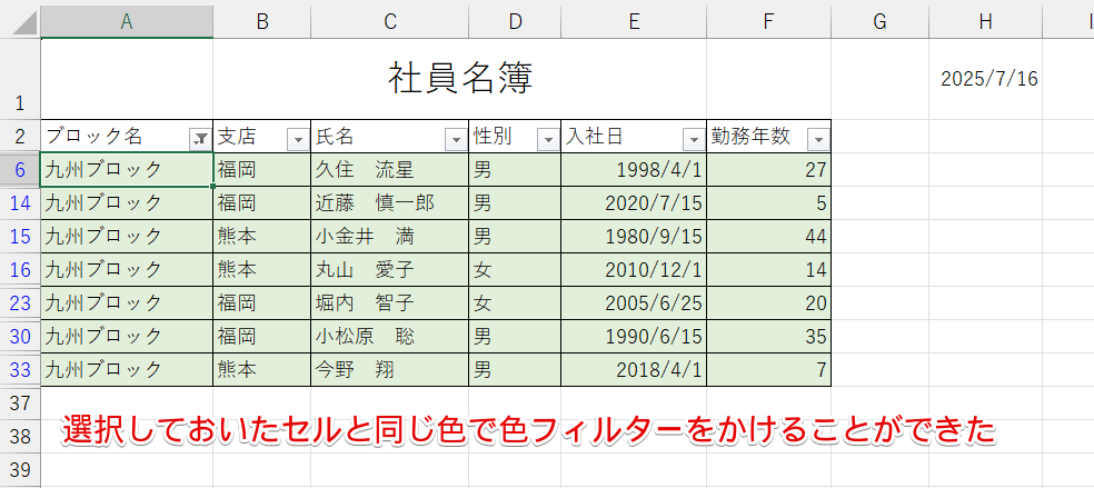 選択しておいたセルと同じ色でフィルターをかけることができた
