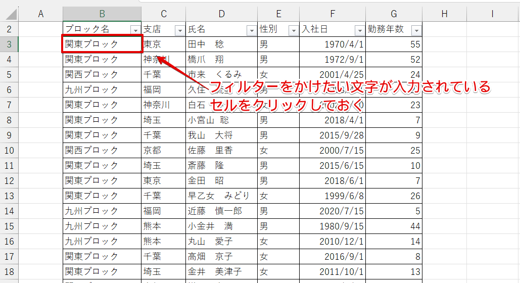 フィルターをかけたい文字が入力されているセルを選択