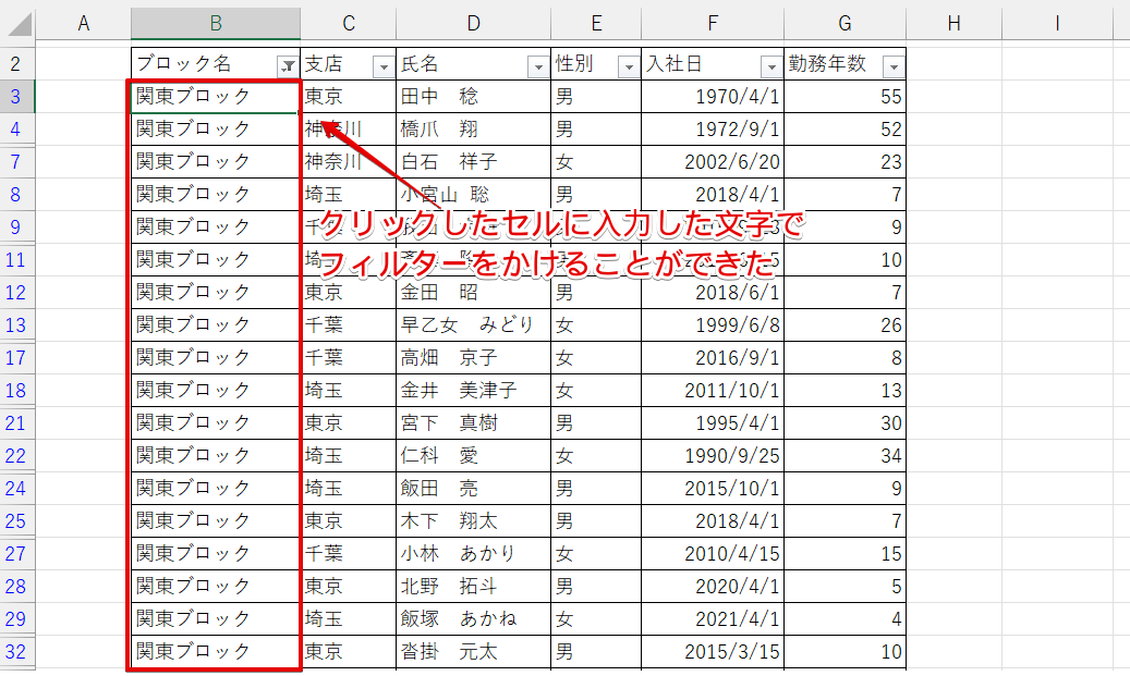 選択したセルに入力されていた文字でフィルターをかけられた
