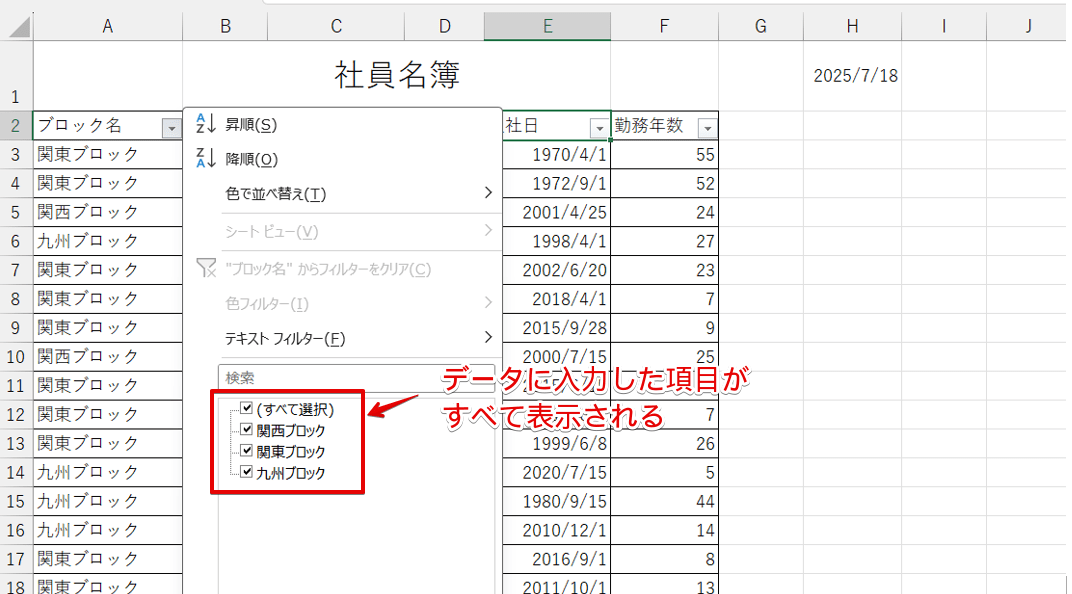 データに入力した項目がすべて表示される部分