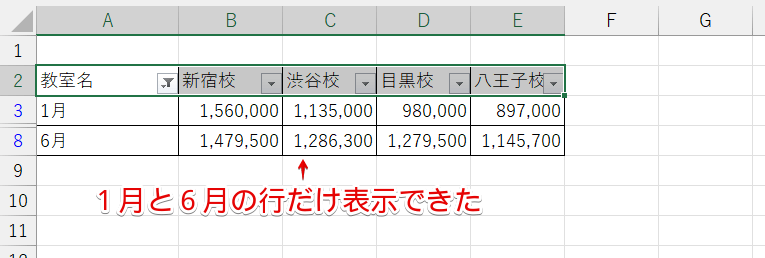 「1月」と「6月」の行だけを表示することができた