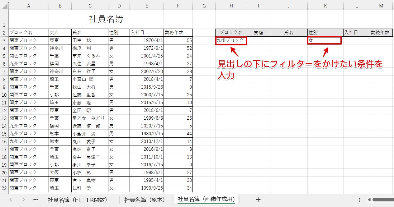 データの抽出先の見出しの下の行に条件を入力