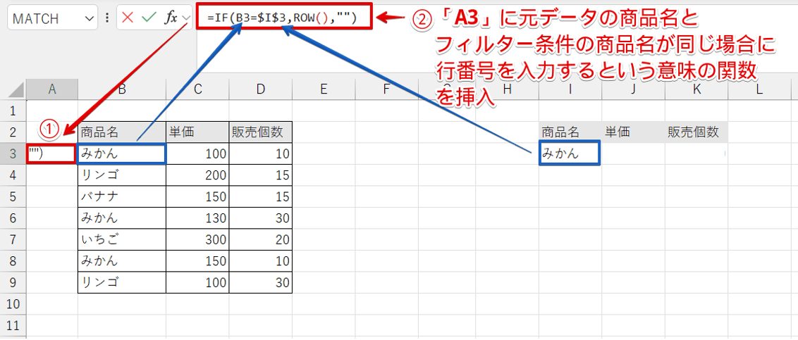 A列にIF関数と組み合わせたROW関数を挿入