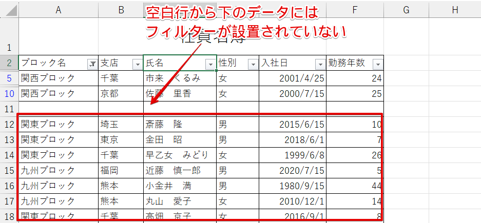 空白行があるデータにフィルターをかけた画像