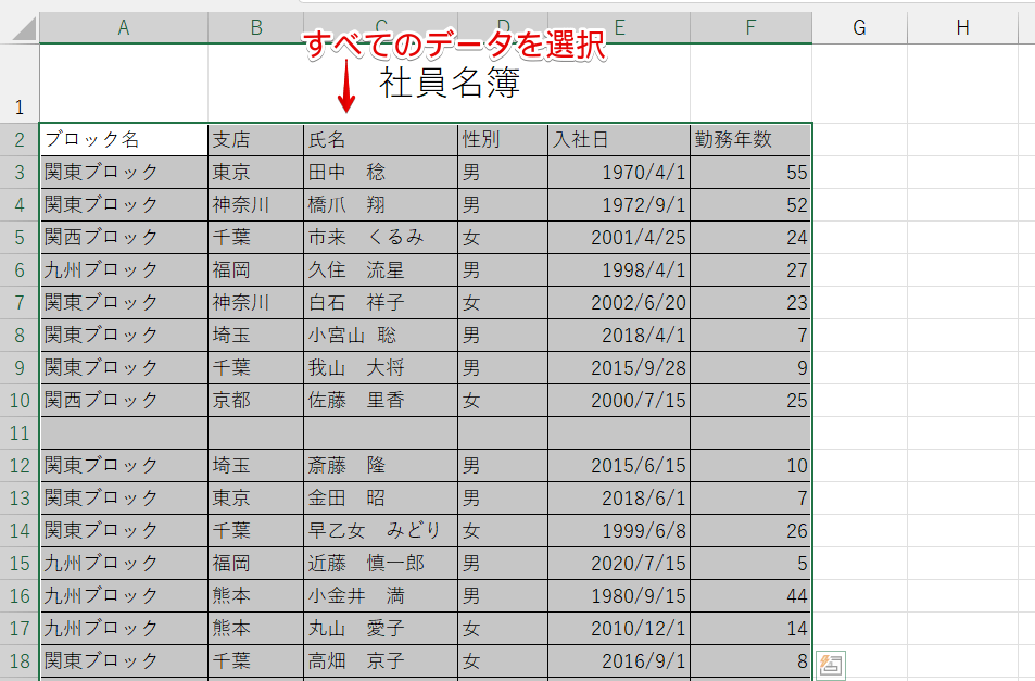 すべてのデータ範囲を選択