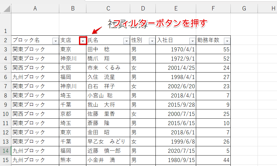 「支店」の列のフィルターボタン