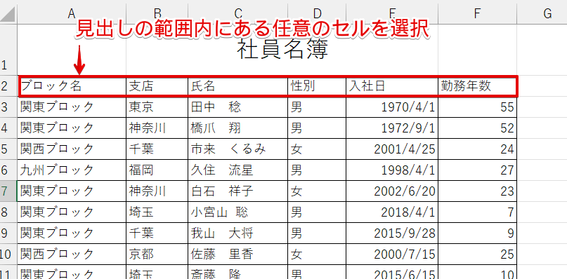見出しの範囲の中にある任意のセルをクリック