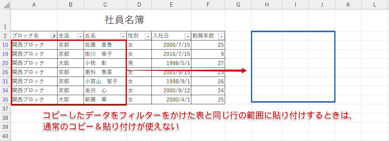貼り付け先がデータを抽出した表と同じ列にあるケース