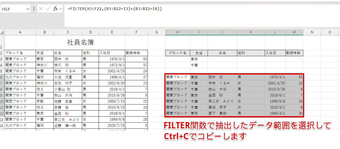 抽出したデータ範囲を選択してコピーする