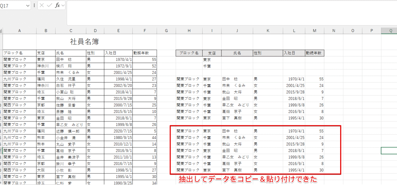 抽出したデータのコピー&貼り付けができた