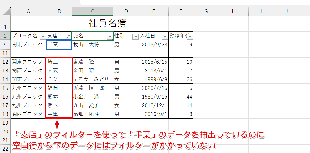空白行の下からフィルターがかかっていない