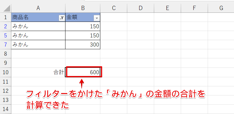 フィルターをかけた「みかん」の合計金額が計算できた