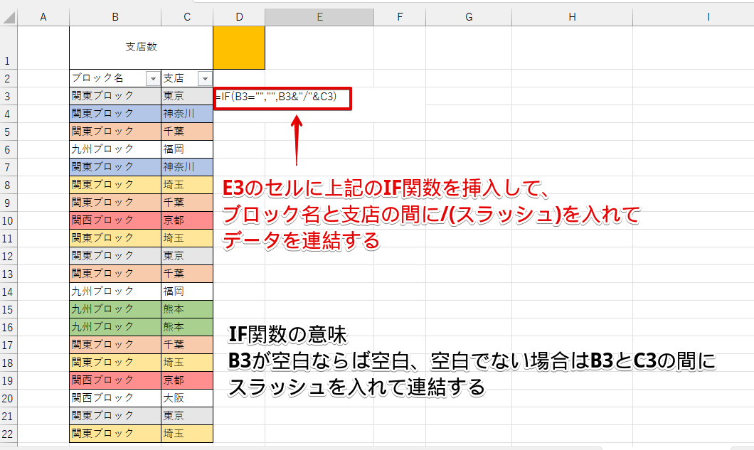 「ブロック名」と「支店」のデータを連結