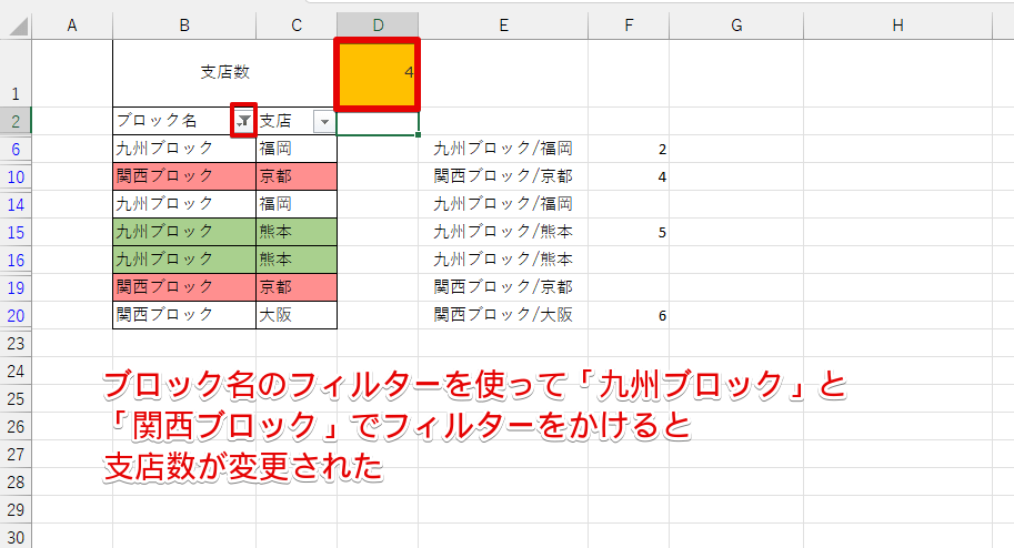 フィルター後の重複なしのセル数が表示された
