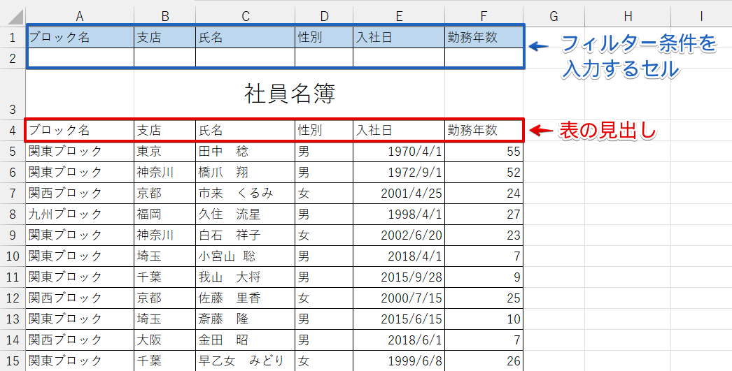 フィルターオプションで条件を入力する